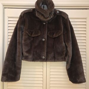 Short faux fur bomber jacket w/ stand up collar